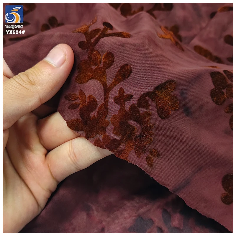 YX624 China Factory OEM Custom Burnout Stretch Knit Florals Polyester Fabric for Clothing Flocking Florals Fabric - 图片 6
