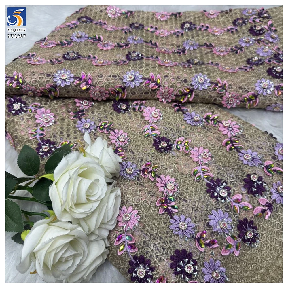 YX1267 Competitive Prices 3D Embroidered Flowers Fabric Coffee Brown Embroidery Net Mesh Lace African Nigerian Fabric - 图片 4