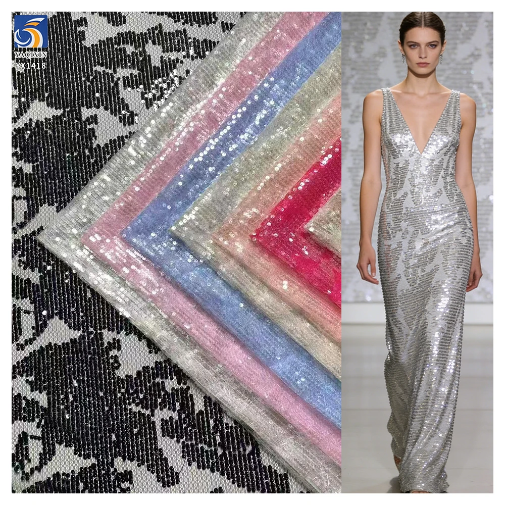 YX1418 250gsm 5mm Transparent Silver Dots Sequins 100% Polyester Tulle Fabric Fashionable Evening Dress Sequin Fabric