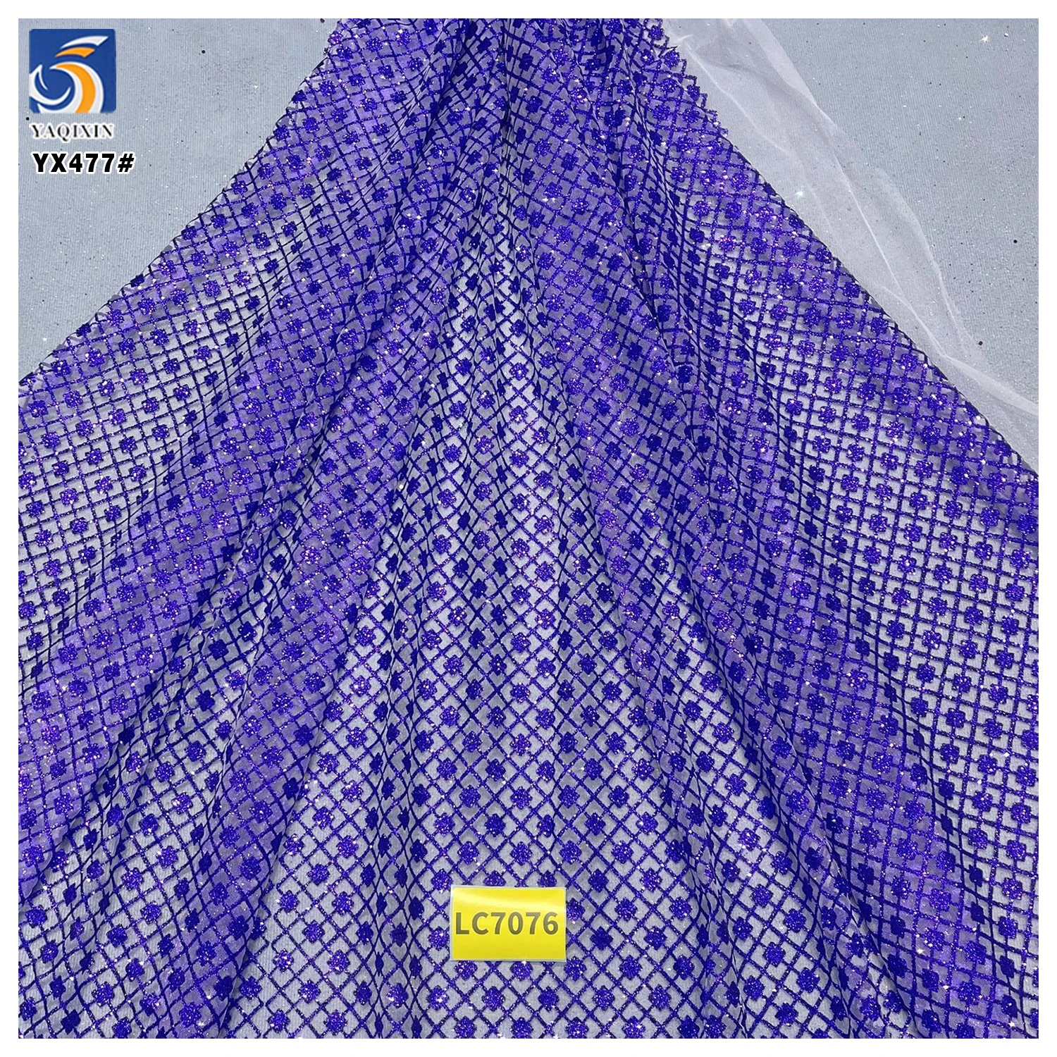 YX477 Luxurious Embroidered Square Sequined Purple Mesh Tulle Fabric Soft Glitter Purple Wedding Mesh Fabric - 图片 3
