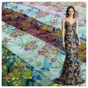 YX1224 African Colorful Sequins Embroidered Lace Fabric Hot Sales Popular Chinese Designer Floral Lace Sequin Fabric Textiles