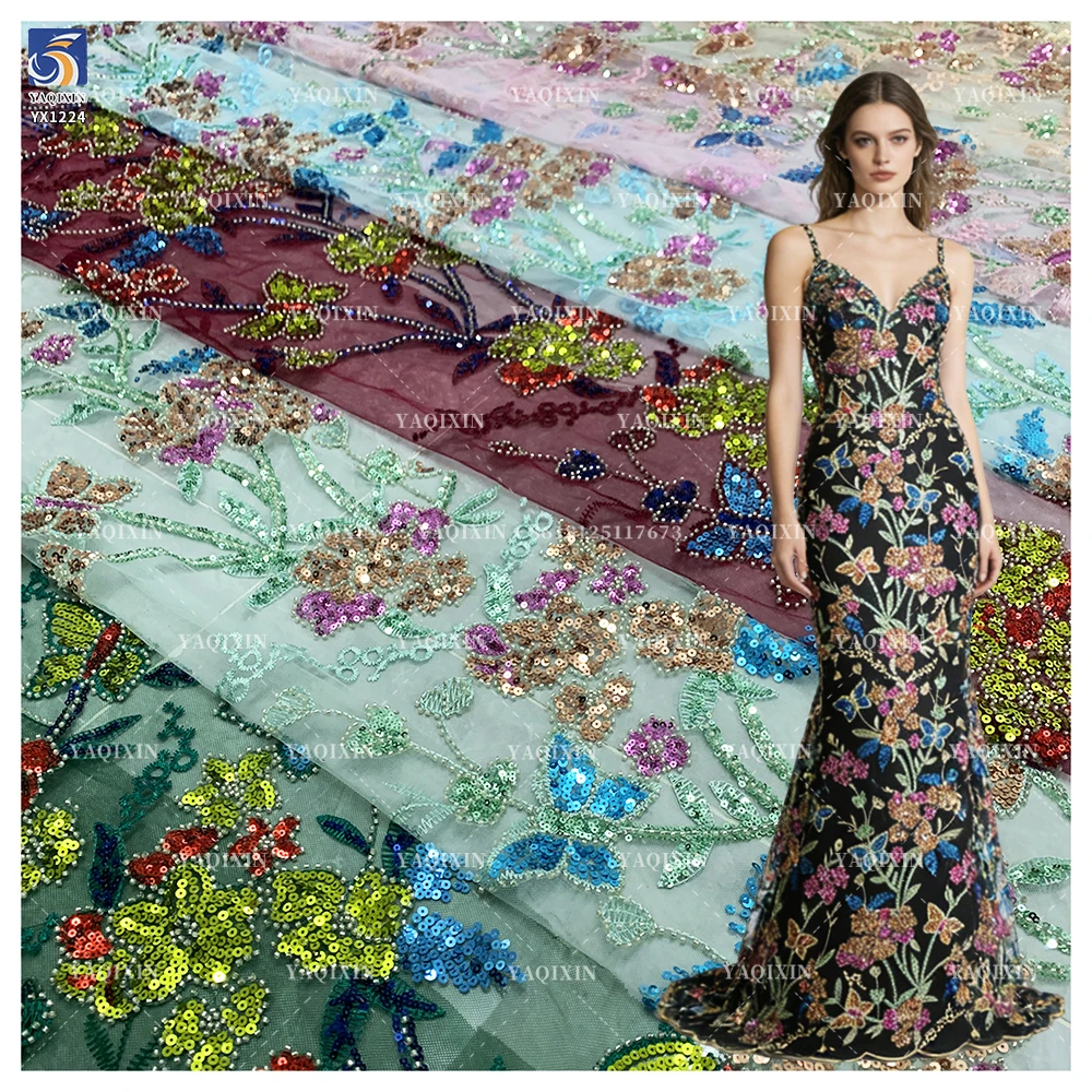 YX1224 African Colorful Sequins Embroidered Lace Fabric Hot Sales Popular Chinese Designer Floral Lace Sequin Fabric Textiles
