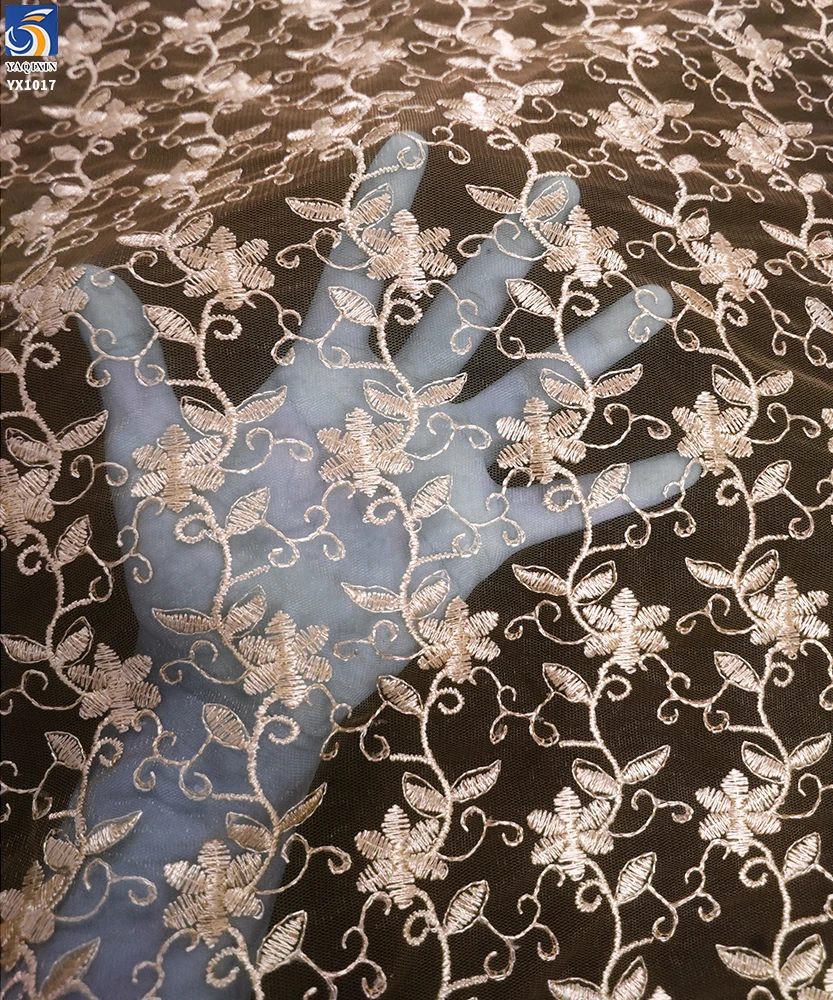 YX1017 Light Apricot Polyester Embroidered Florals Chinese Tulle Fabrics 3-Day Custom Embroidered Mesh Fabrics by 300 Yards - 图片 5
