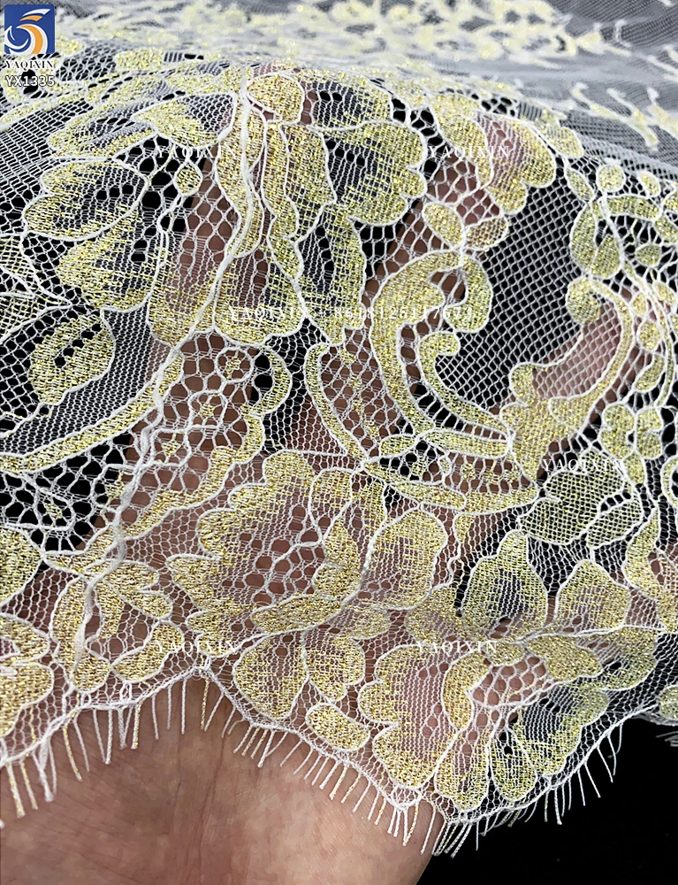 YX1335 European Style Designer Latest Popular 2026 French Lace Fabric Eyelash Custom Dyed Gold Mesh Lace Fabric for Woman - 图片 5
