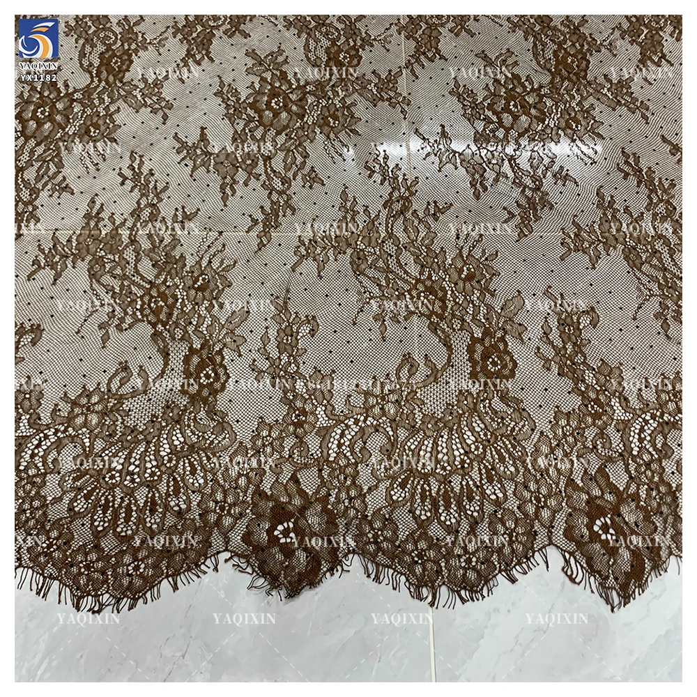 YX1182 Popular in Israel Woven Woman Coffee Brown Mesh Eyelash Lace Fabric With Stone for Fashionable and Sexy Dress - 图片 3