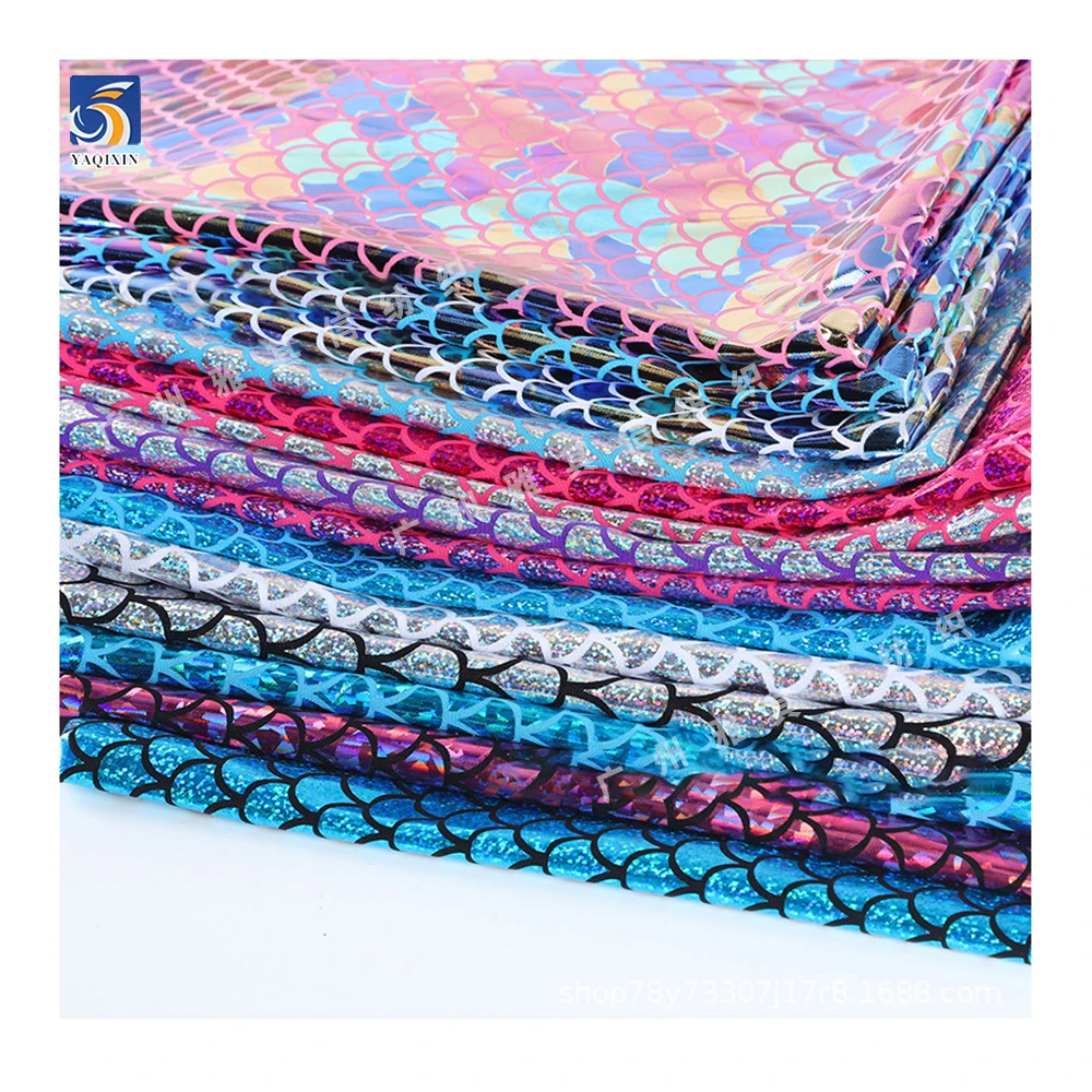 YX797 Customized 150gsm 95 Polyester 5 Spandex Stretch Knitted Mermaid Fabric Bronzing Foil Printing Shiny Mermaid Fabric