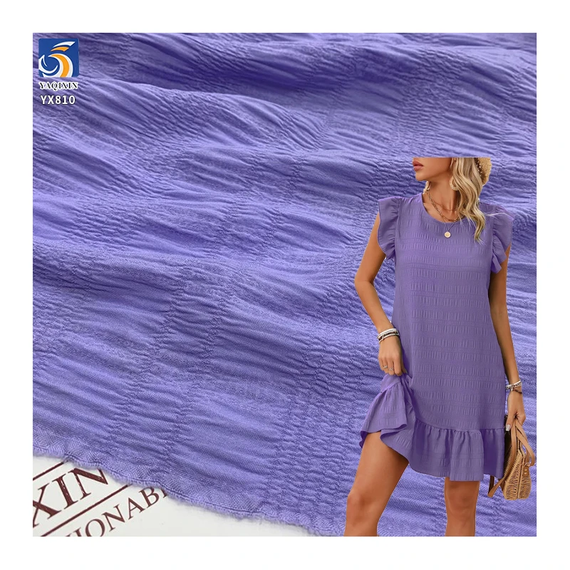 YX810 Bubble Wrinkle Jacquard Plaid Chiffon Fabric Polyester Summer Chiffon Women's Top Dress Puff Sleeve Top Fabric