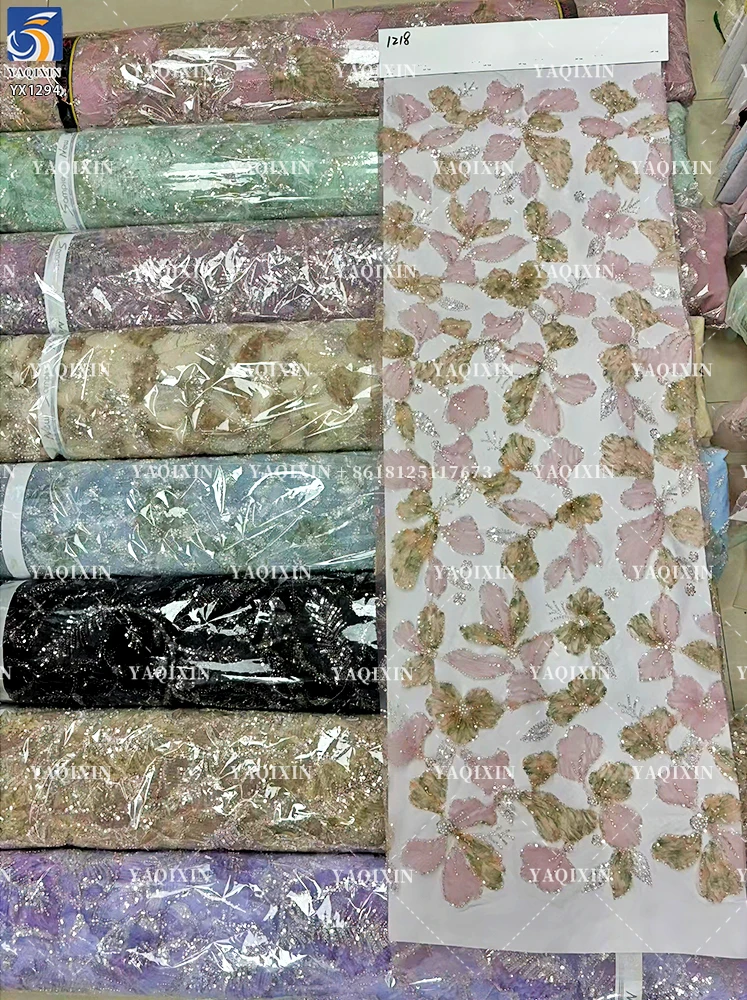 YX1294-2 New 2026 Fashion German Women's Lace Fabric Dyed Florals Embroidered Flash Sequin Lace Fabric for Girl Dance Skirt - 图片 4