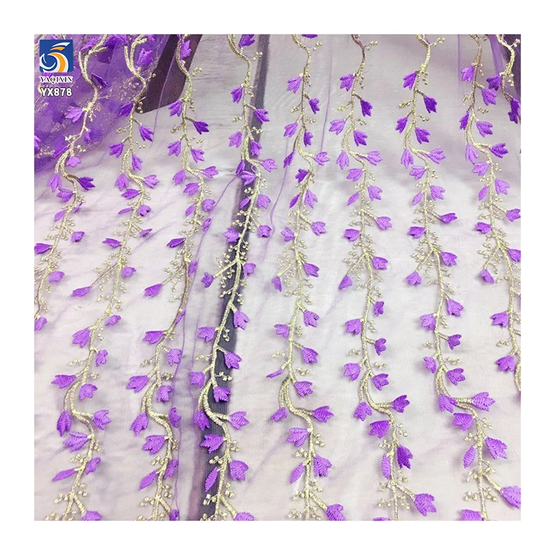 YX878 North American Customized Dark Purple Flowers Embroidery Fabric Purple Florals Tulle Mesh Fabric for Girls - 图片 5