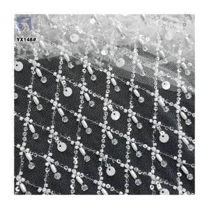 White Sequins Checkered Bead Embroidery Lace Fabric for Wedding High Quality Heavy Beaded Bridal Lace Fabric