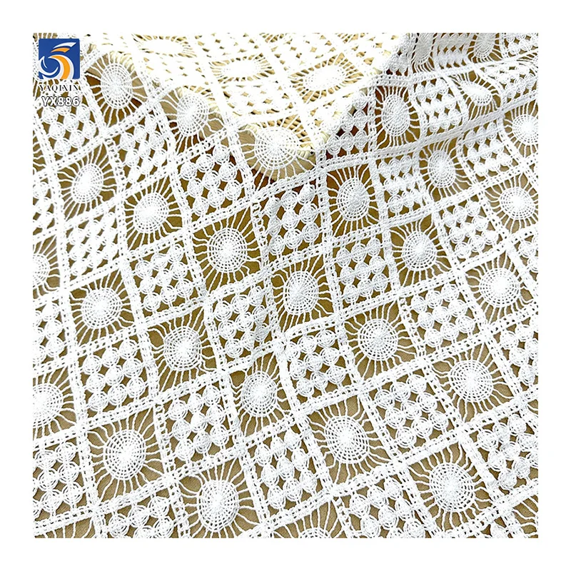 YX886 Customized Weight 150gsm Milk Silk Hollow Checkered Embroidery Water Soluble White Lace Fabric for Women's Shirt - 图片 4