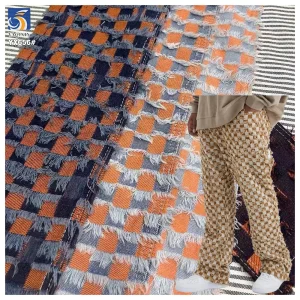YX656 Fashion Checkerboard Check Plaid Tassel Jacquard Washed Denim Fabric 10oz 85 Cotton 15 Polyester Denim Fabric