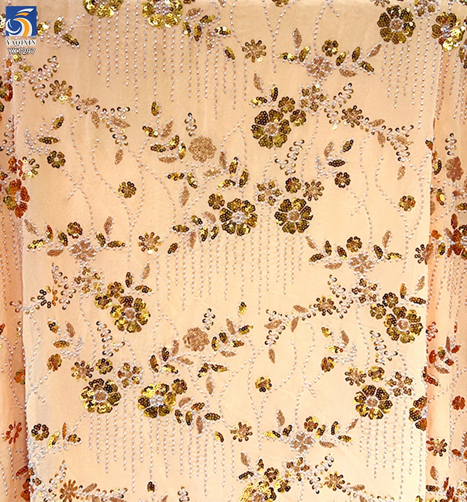 YX1297 260gsm Stretch Knitted Mesh Sequin Fabric With Beaded Embroidery Rose Gold Sequins Lace Fabric for High-end Bag Skirt - 图片 6
