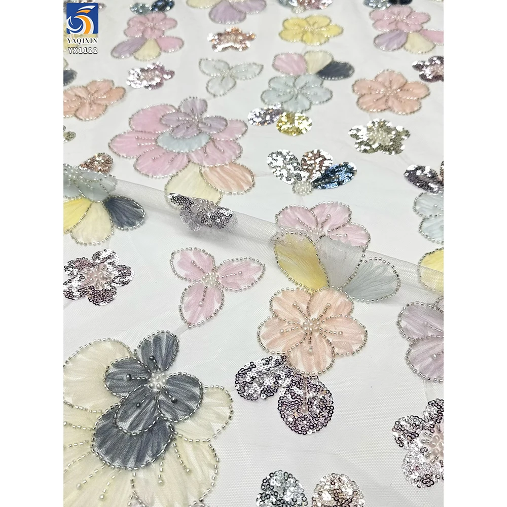 YX1122 Expensive English Embroidery Fabrics Mesh Large Flowers Garments Dress Ladies Tulle Fabric With 3D Flowers Sequins - 图片 5
