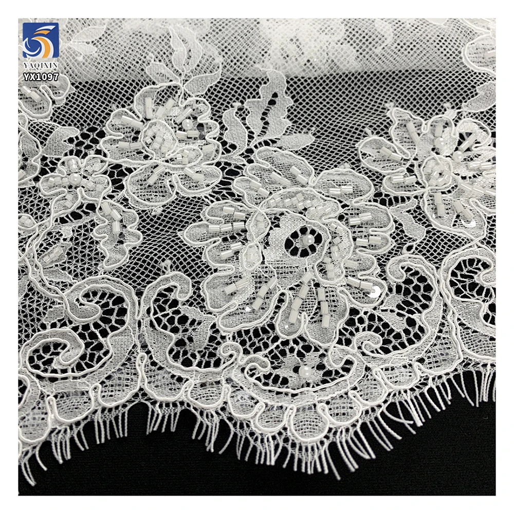 YX1097 300*150CM French Lace Fabric 15 Pieces Heavyweight Luxurious Wedding Dress Eyelash Lace Fabrics With 3D Pearl Beads