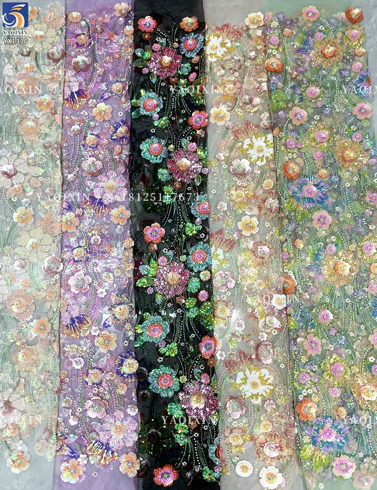 YX1310 Expensive High Quality Glitter 3D Flowers Sequin Embroidered Lace Fabric Custom Summer Costumes Sequin Lace Fabric - 图片 2