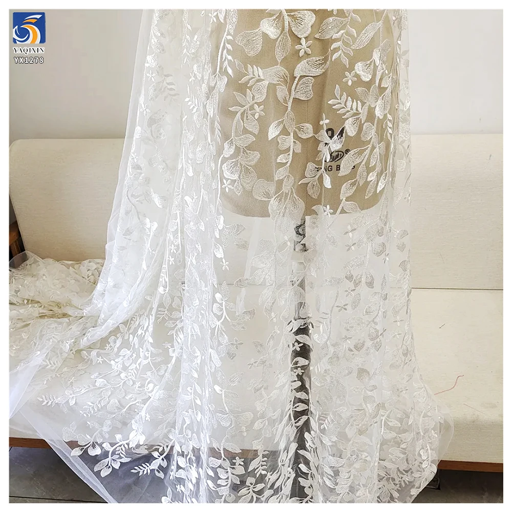 YX1278 10 Yards Low Price Cheap White Tulle Fabric Lace Water-Soluble Embroidery Leaf Pattern Lace Fabric for Chinese Brides - 图片 4