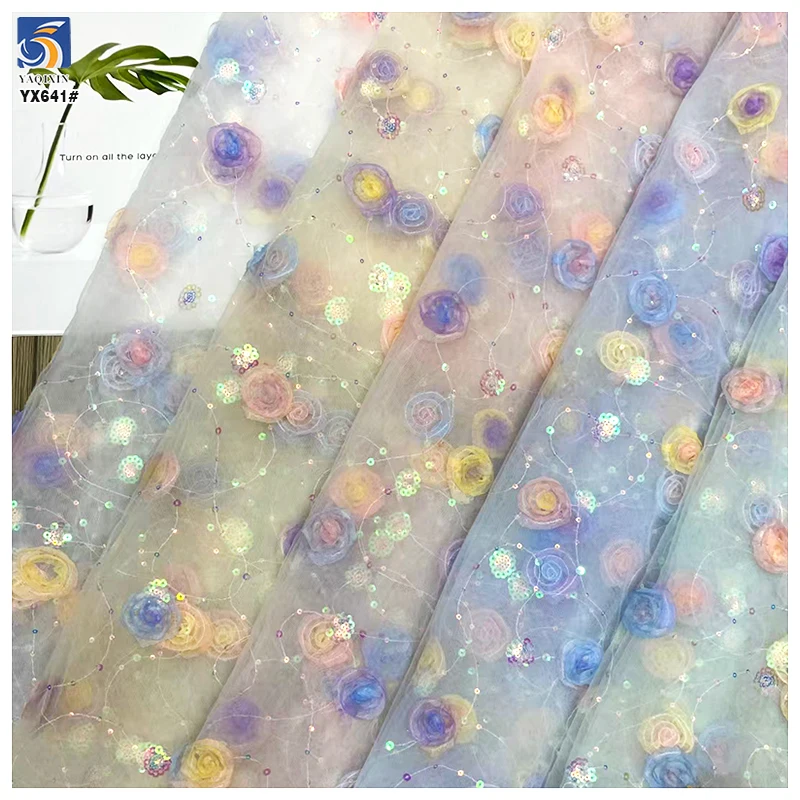 YX641 Princess Dress Lolita Children's Clothing Fabric Sequin Gradient Tulle Embroidered 3D Flowers Mesh Fabric - 图片 5