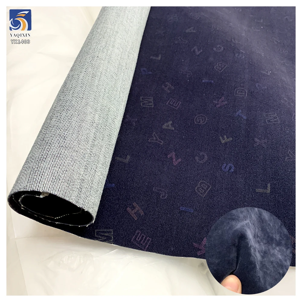 YX1403 2026 10oz High-Stretch Flock Denim Fabric OEM Custom Flocked Flower English Pattern Denim Fabric for Jackets