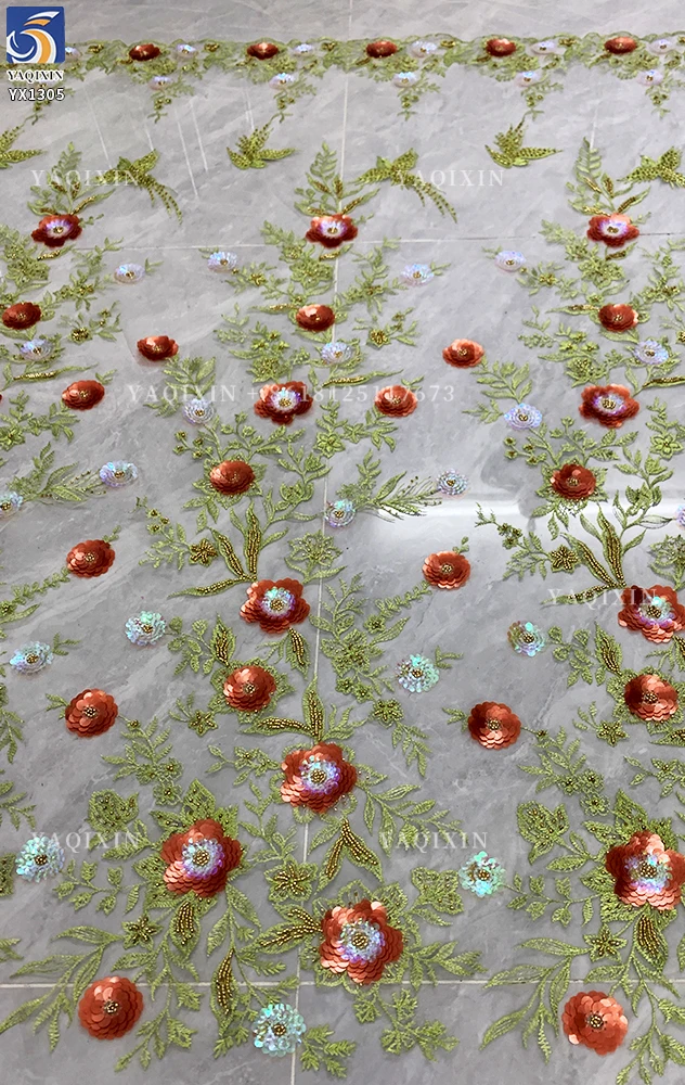 YX1305 Chinese Palace Luxury Style 3D Flower Sequin Colored Lace Mesh Fabric Textile Elegant Embroidered Tulle and Lace Fabric - 图片 3