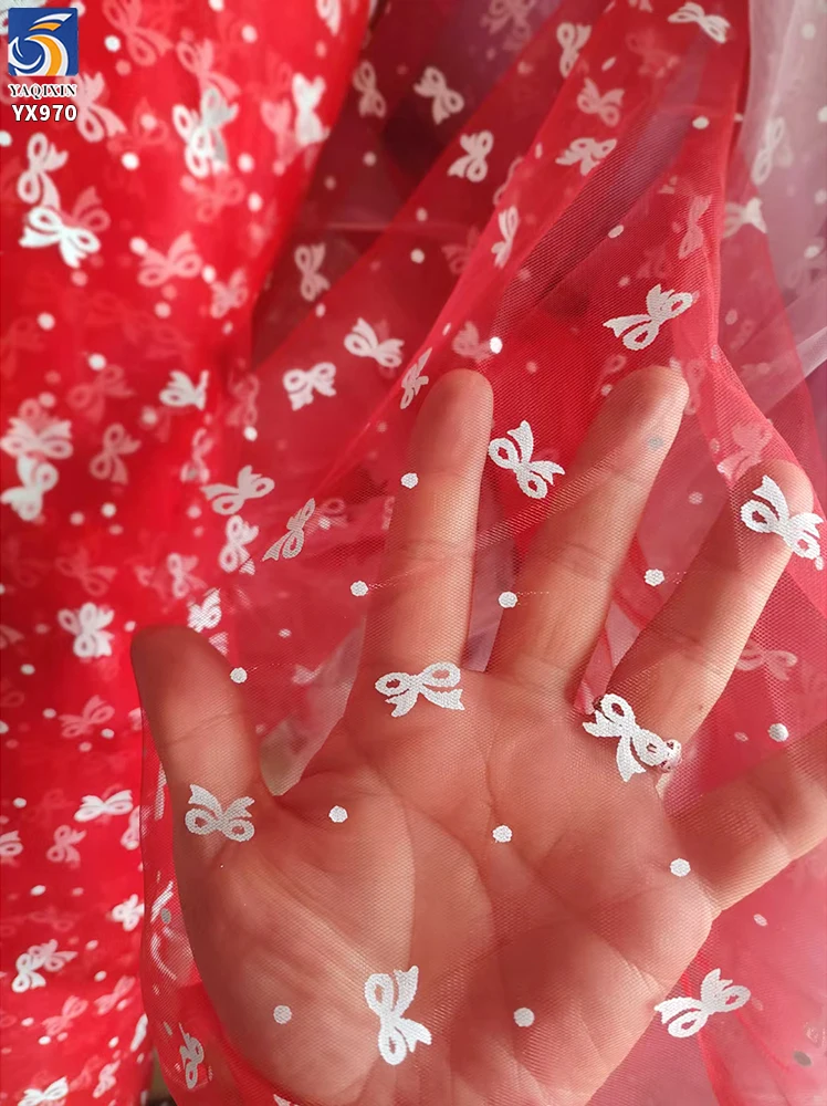 YX970 Plain White Soft Mesh Bow Print Tulle Fabric Festive White Polyester Valentine's Day Romantic Polka Dots Fabric Textile - 图片 6