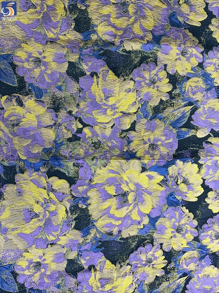 YX1237 Low Moq by 1 Yard Sales 193gsm 100% Polyester Yarn-Dyed Brocade Satin Fabric Jacquard Chinese Big Flowers Brocade - 图片 4