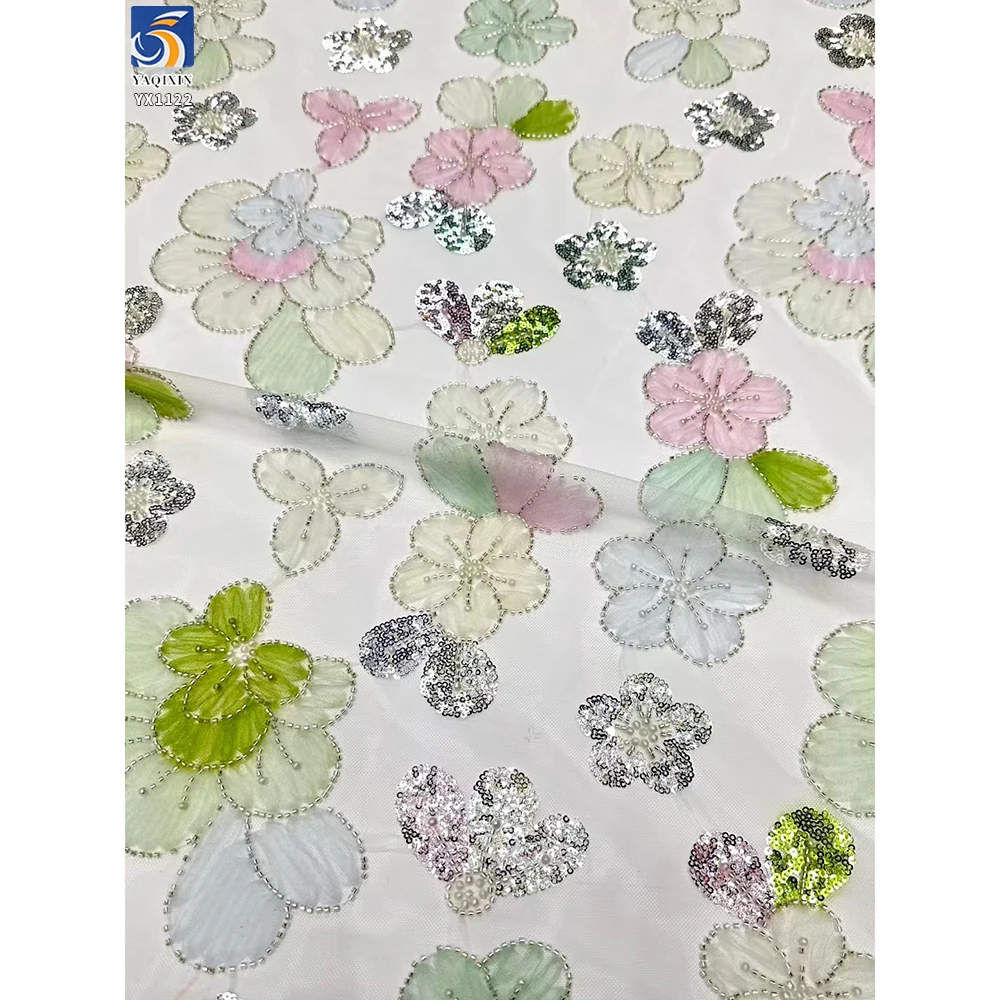 YX1122 Expensive English Embroidery Fabrics Mesh Large Flowers Garments Dress Ladies Tulle Fabric With 3D Flowers Sequins - 图片 6