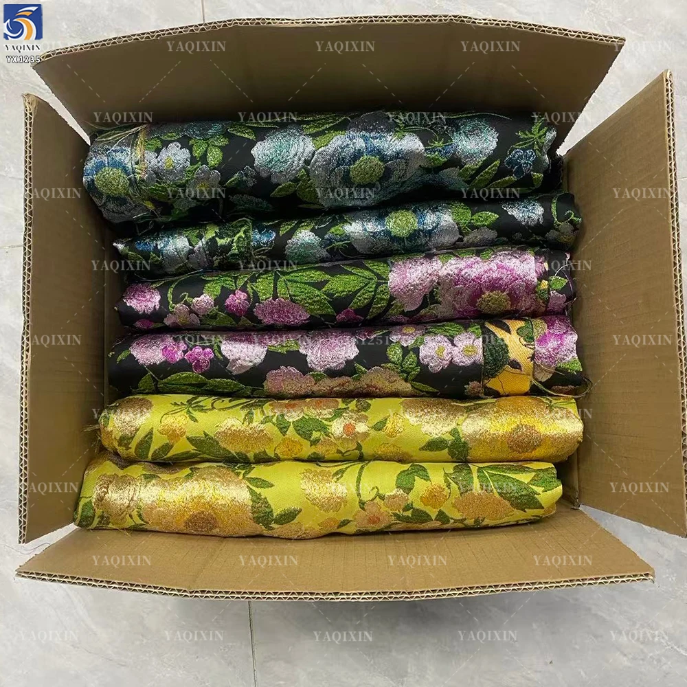 YX1235 Popular 220gsm Brocade Satin Jacquard Upholstery Fabric Green 3D Florals Embossed Yarn-Dyed Gold Brocade Fabric - 图片 2