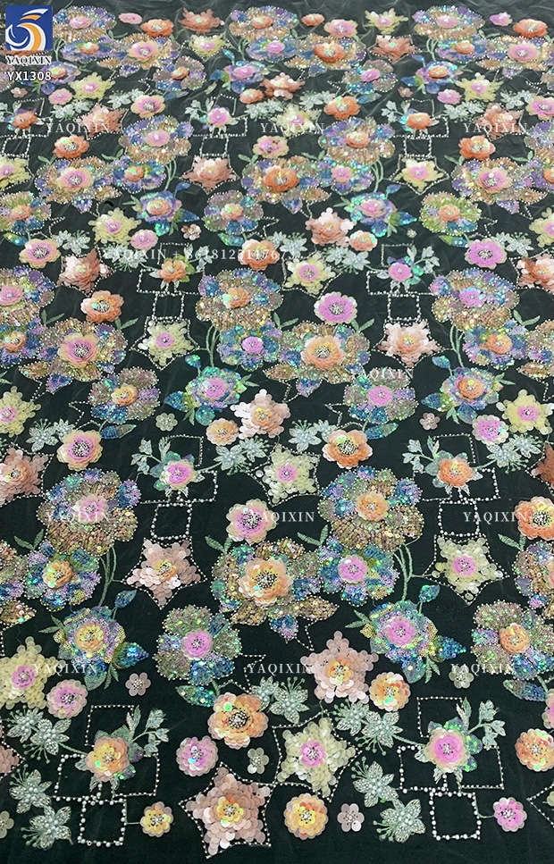 YX1308 3D Florals Colored Sequin Embroidered Mesh Fabric for Spring/Summer Dress Heavy Embroidery Pearls Glitter Sequin Fabric - 图片 4