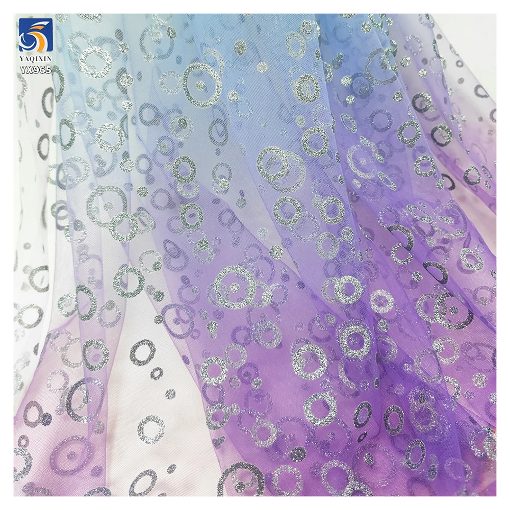 YX965 Blue Purple Gradient Polyester Mesh Glitter-Print Silver Circle Pattern Design Tulle Fabric for Children's Princess Dress - 图片 4