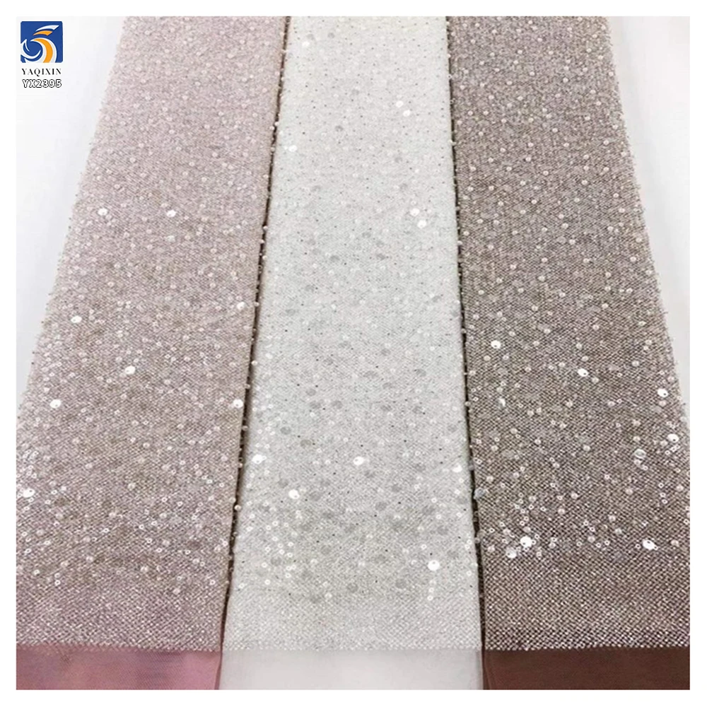 Royal Blue Sparke Glitter Sequins Lace Fabric Mesh Embroidery Beaded Pearl Lace Fabric for Wedding Gown - 图片 6