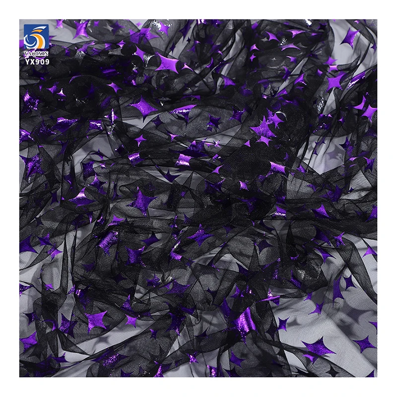 YX909 Mysterious Four-Pointed Star Mesh Fabric 100% Polyester Knitted Purple Stars Foil Printed Halloween Fabric - 图片 4