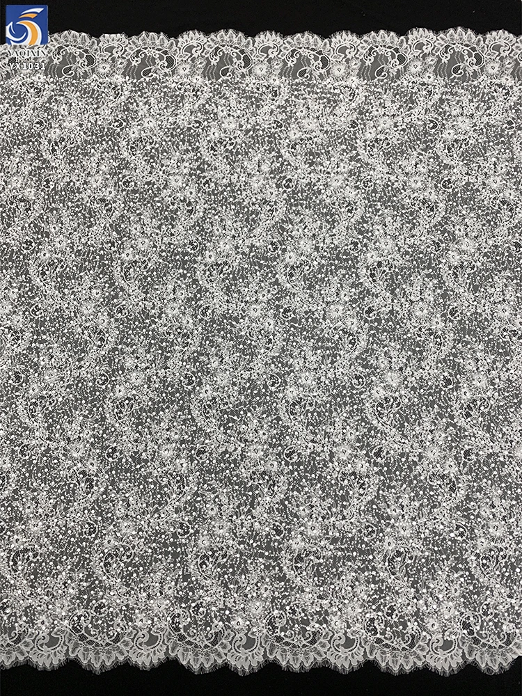 YX1031 7 Days Sample Custom Fabric Eyelash White Lace Fabrics 3D Beaded Sequins Wedding Eyelash Lace Fabrics Textiles - 图片 5