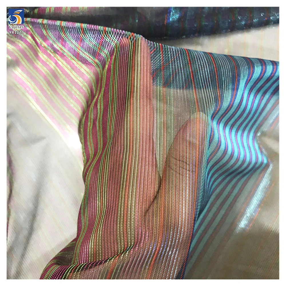 YX1273 New Fashion 1 Yard Polyester Knitted Laser Lurex Chiffon Thick Striped Fabric for Dance Color-Changing Costumes - 图片 4