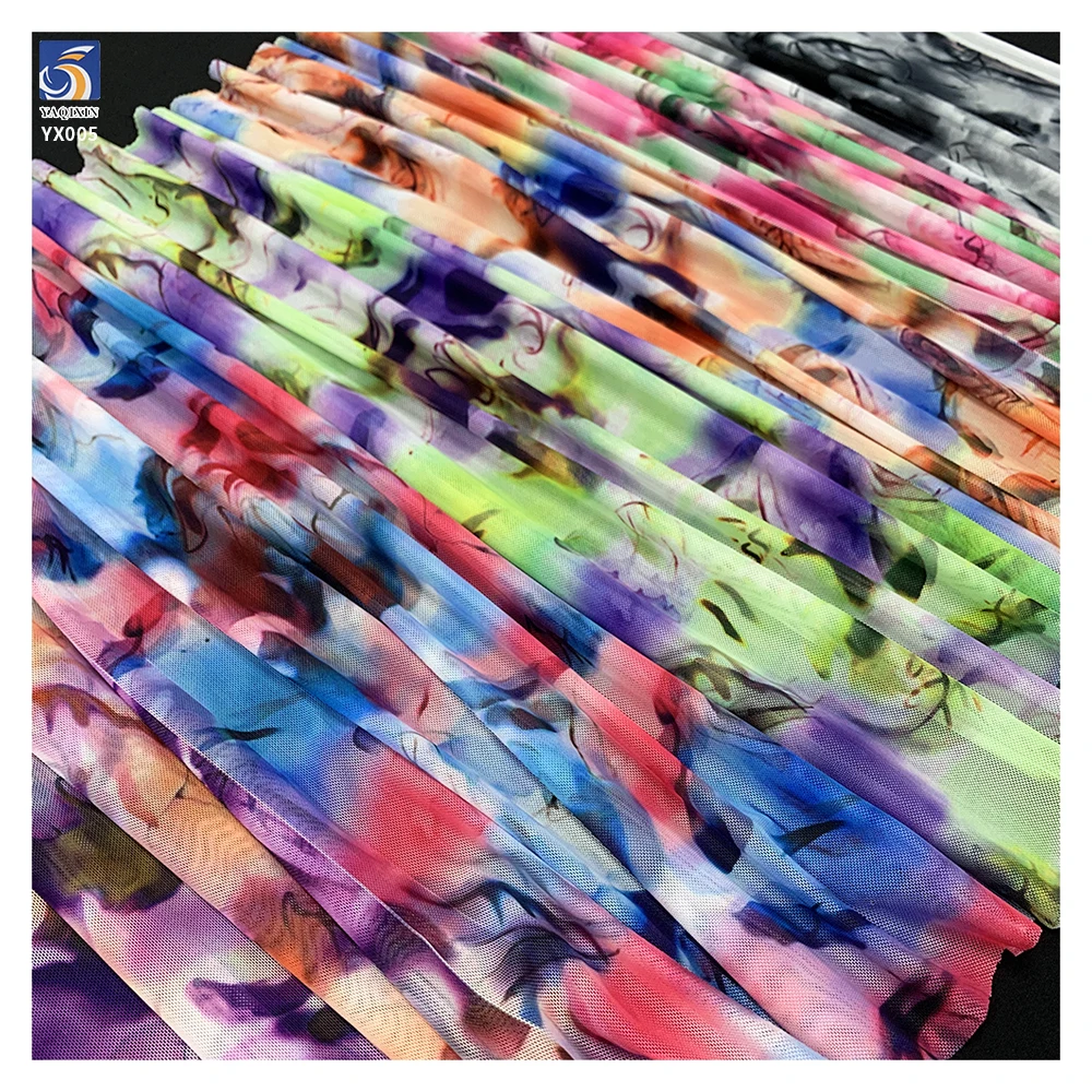 YX005 Tie-Dye Colorful Custom Printed Stretch Mesh Fabric for Skirts Garments 4 Way ELastic Mesh Fabric With Digital Print - 图片 5