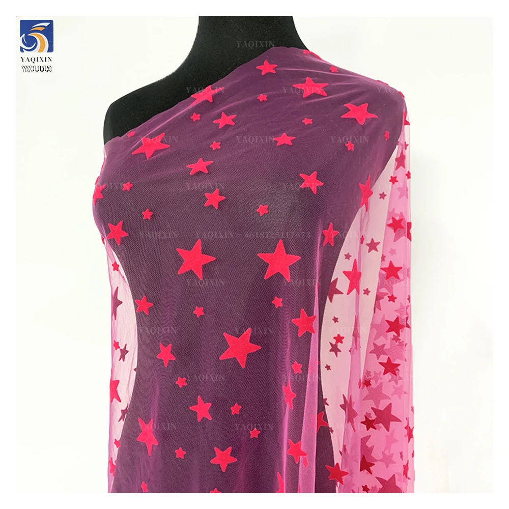 YX1113 High Quality 40g Lightweight Pink Tulle Flocking Five-Pointed Stars Fabric Stars Mesh Tulle Fabric for Girls Skirts - 图片 3