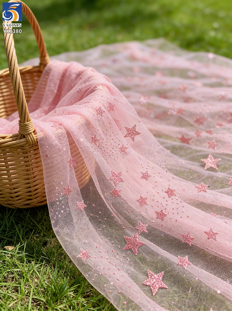 YX1380 Popular 2026 Style Pink Glitter Tulle Fabric by the Yard Knit Glitter Stars Mesh Tulle Fabric for Girls Dress - 图片 6