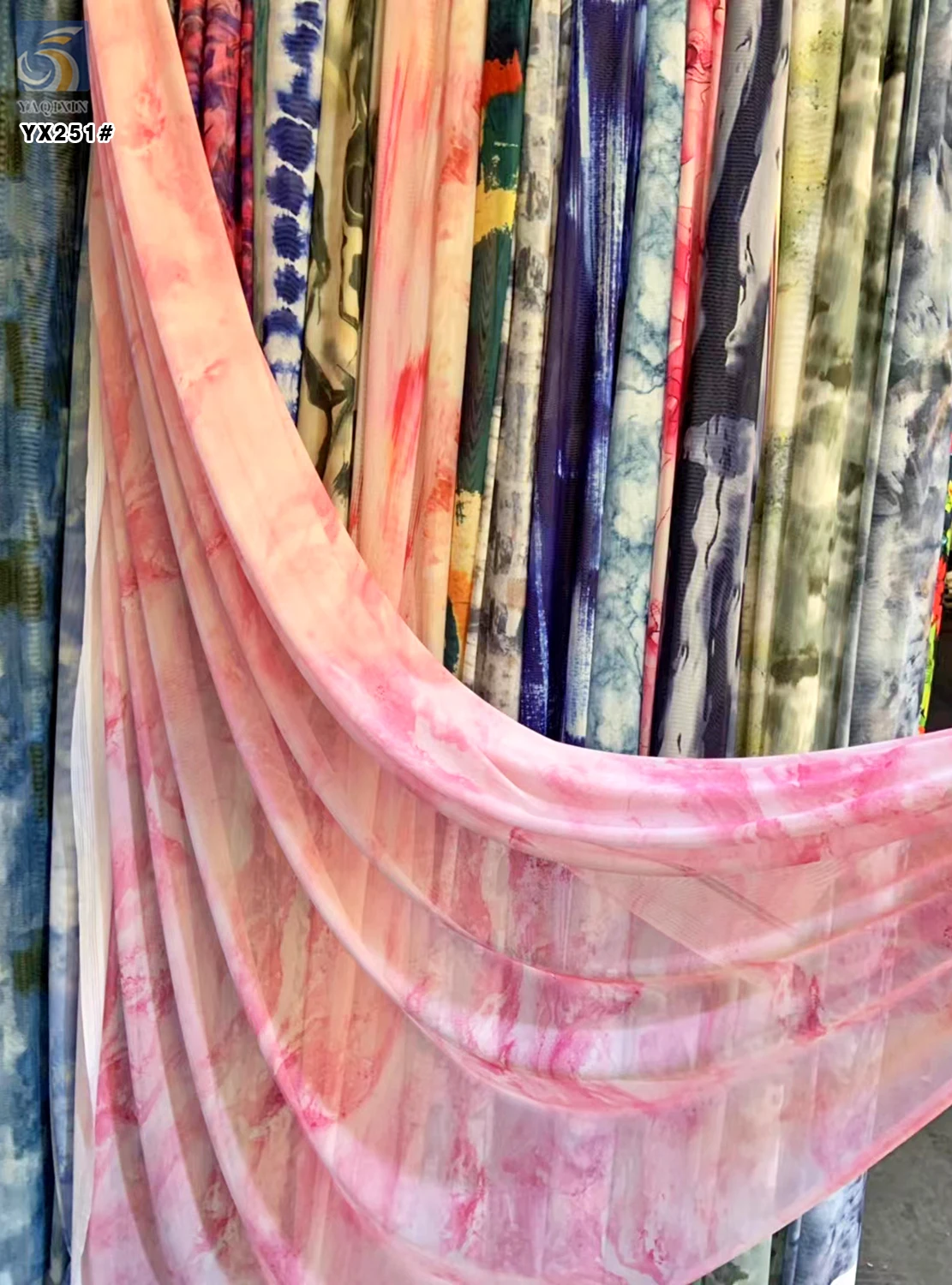 YX251 New Trendy Tie-Dye Design Fabric 95 Polyester 5 Spandex Mesh Stretch Knitted Dress Printed Fabric - 图片 3