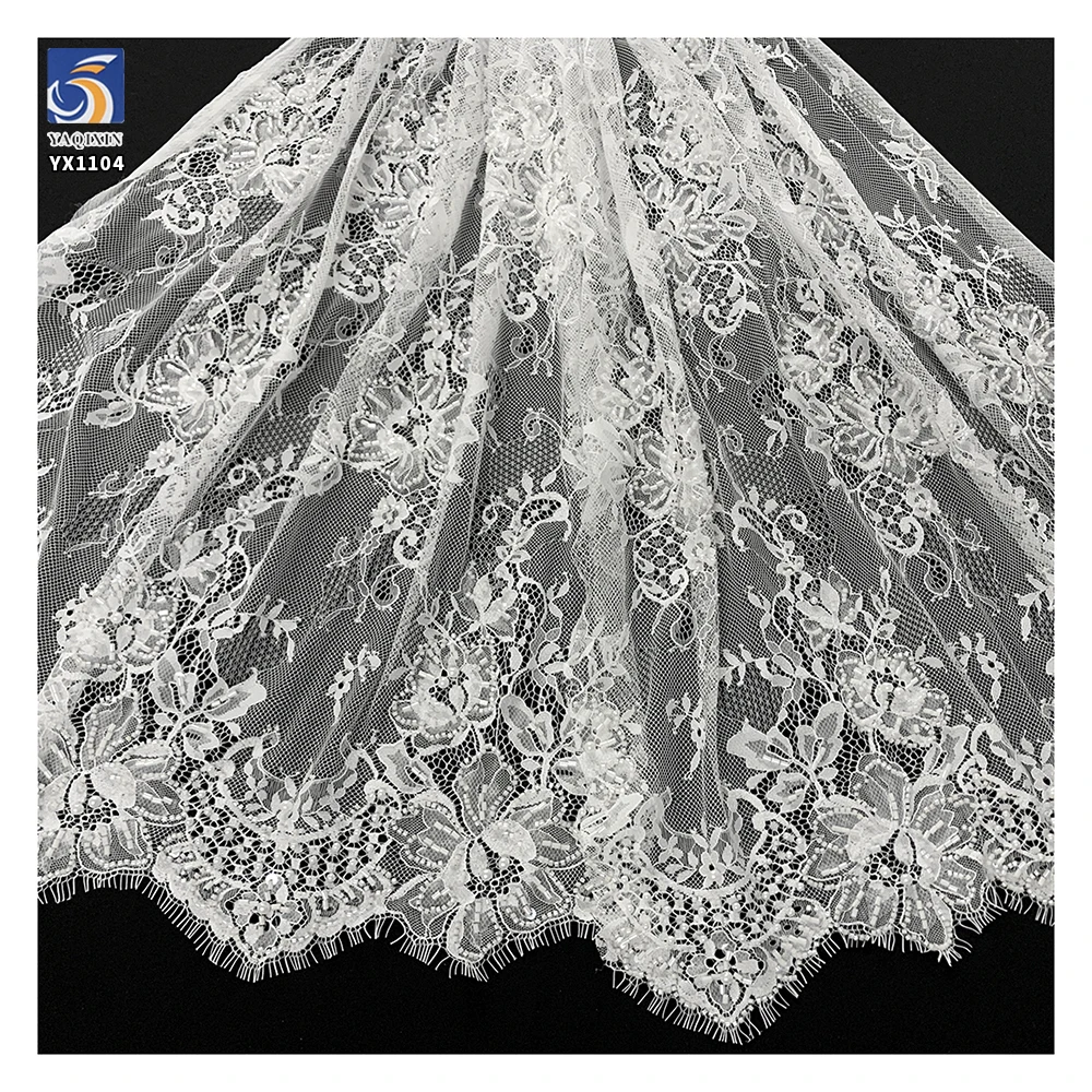 YX1104 300*150CM White Polyester Eyelashes Lace Fabric for Home Textiles High-End Hand-Sewn Bone Thread Beaded 3D Lace Fabric - 图片 3