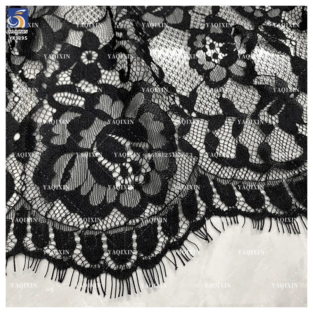 YX1295 2026 New Arrival Polyester Mesh Skirt With Lace Pure Black Eyelash Lace Fabric for Dress Woman Material - 图片 4