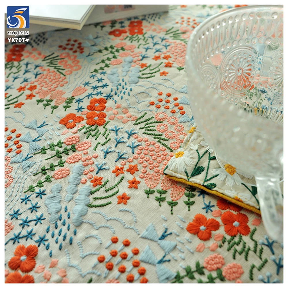 YX707 French Fashion Colorful Florals Embroidery Cotton Fabric 250gsm Ramie Cotton Embroidery Fabric for Home Textile - 图片 6
