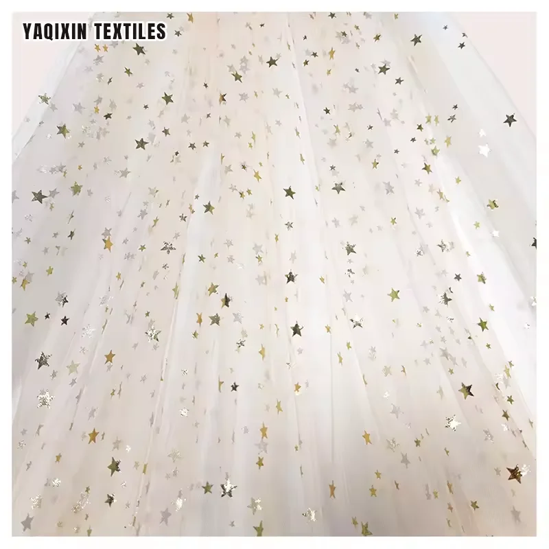Happy 4th of July American Holiday Party Fabric 100% Polyester Colorful Foil Printed Stars on Tulle Fabric - 图片 6