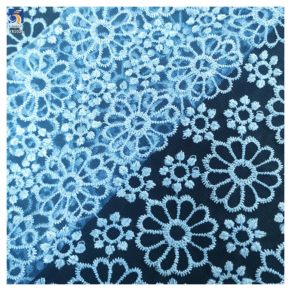 YX1021 New Technology Chrysanthemum Embroidery Tulle Fabric Knitted Poly Mesh Embroidered Fabric Textiles for Apparel - 图片 6