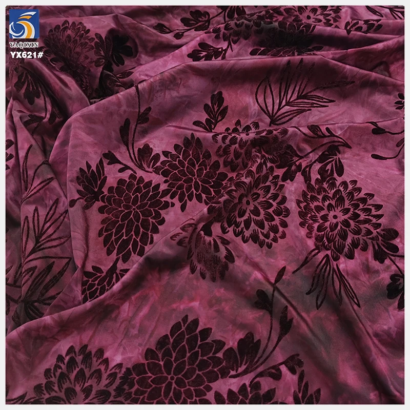 YX621 Dark Wine Red Ice Silk Tie Dyed High Stretch Fabric Spandex Chinese Flowers Flocking Fabric for Women Dress - 图片 6