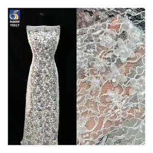 YX917 Heavy Embroidery 3D Rose Flowers Water-Soluble Lace Fabric Wedding White Eyelash Lace Fabric With 3D Pearl Sequins