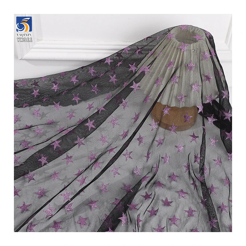 YX911 2026 Festive Halloween Purple Five-Pointed Star Halloween Stretch Mesh Fabric Black Stretch Tulle Fabric With Purple Stars - 图片 2