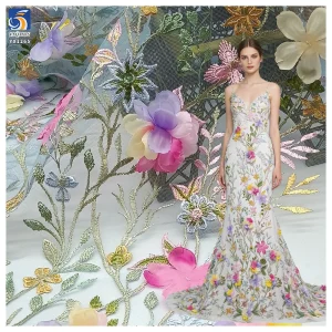 YX1265 Competitive Prices Embroidered Textile Tulle Fabrics Poly Multi-Color Candy Hand Embroidery 3D Flower Dress Fabric