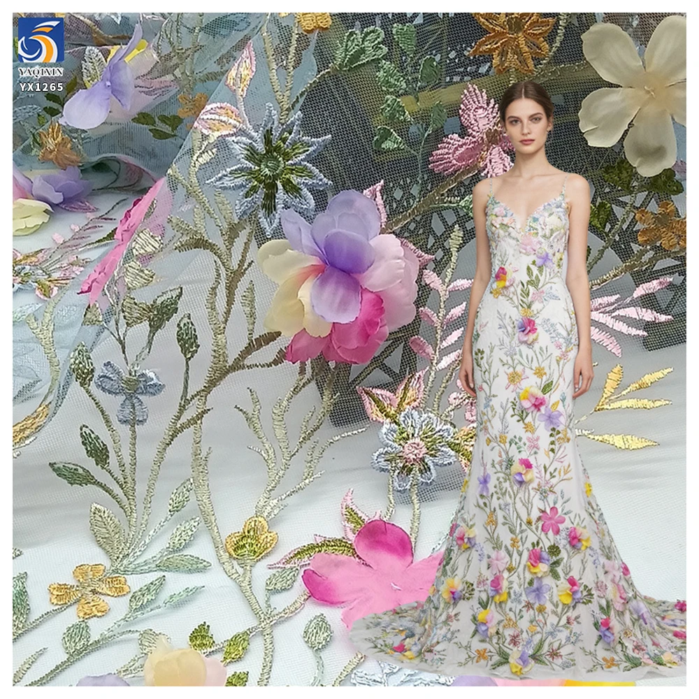 YX1265 Competitive Prices Embroidered Textile Tulle Fabrics Poly Multi-Color Candy Hand Embroidery 3D Flower Dress Fabric