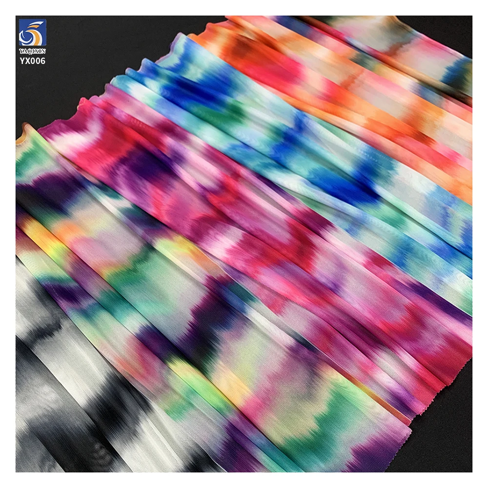 YX005 Tie-Dye Colorful Custom Printed Stretch Mesh Fabric for Skirts Garments 4 Way ELastic Mesh Fabric With Digital Print - 图片 3