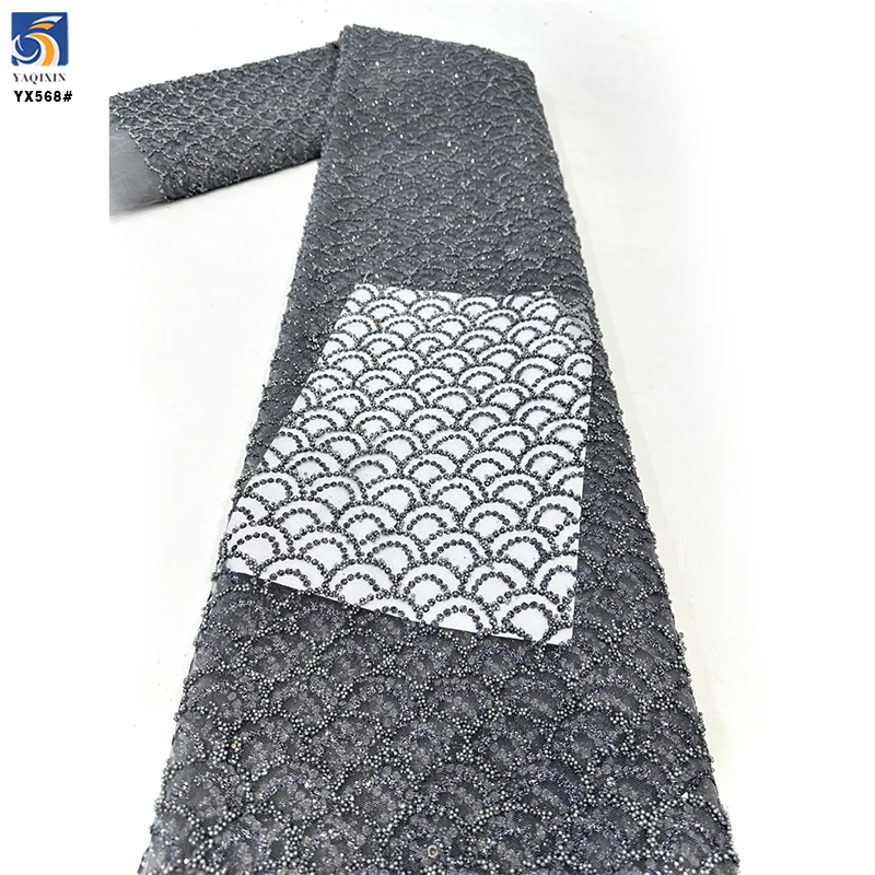YX568 Low MOQ Custom Design African Nigerian Lace Tulle Knitted Green Beads Sparkle Glitter Lace Mesh Tulle Fabric - 图片 6